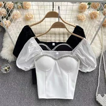 RUGOD French Clavicle Bubble Топ с коротким рукавом Slim Fit Тонкая универсальная короткая женская рубашка темперамента One Size чёрный