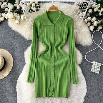 RUGOD Frigid Wind, облегающее и тонкое платье с воротником-поло, осеннее женское облегающее французское вязаное платье на бедрах