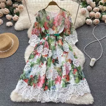 RUGOD Goddess Fan Кружевное платье с принтом Дизайн Sense Кружевная талия Большое распашное платье миди XXL