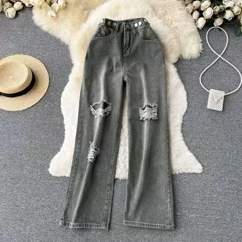 RUGOD Гонконгский стиль Ретро нишевый дизайн Sense Hole Джинсы женские летние тонкие свободные прямые брюки Ins High Street