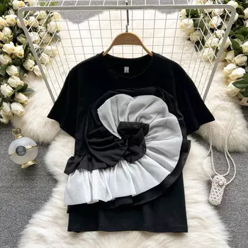 RUGOD Heavy Industry, футболка с короткими рукавами и трехмерным цветком, лето 2022, свободный топ с тонкой строчкой и круглым вырезом