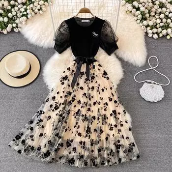 RUGOD Hepburn Style Tea Break Французское элитное сетчатое платье с пышными рукавами женское летнее платье трапециевидной формы с пышной талией M чёрный