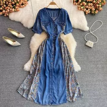 RUGOD Hepburn Temperament Женское шифоновое платье с v-образным вырезом и строчкой, однобортное джинсовое платье трапециевидной формы, элегантное большое свободное платье