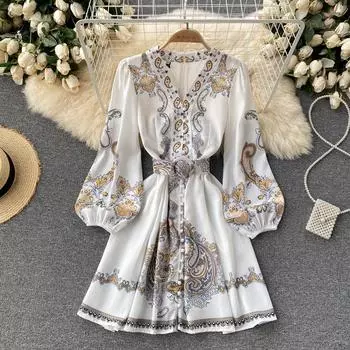RUGOD Экзотический суд в народном стиле 2022 Весеннее новое модное платье с принтом и пышными рукавами на талии Платье First Love