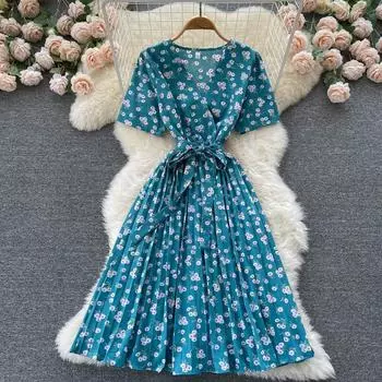 RUGOD Элегантное платье с v-образным вырезом и цветочным принтом, женское тонкое плиссированное платье средней длины со шнуровкой на талии, праздничное платье для морского путешествия