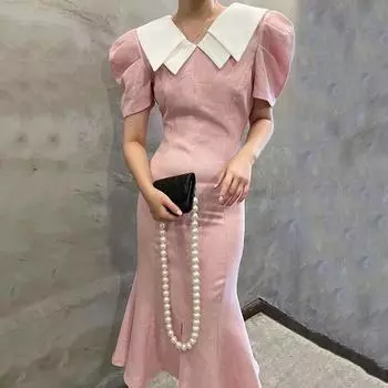 RUGOD Элегантное темпераментное контрастное двухслойное платье с лацканами, талией и тонким разрезом «рыбий хвост», длинное женское платье One Size бежевый