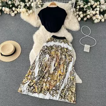 RUGOD Этнический стиль костюм-двойка женская летняя темпераментная короткая футболка Топ с принтом и высокой талией плиссированная юбка