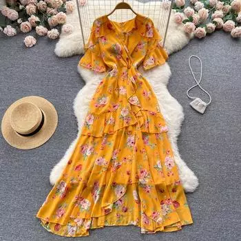 RUGOD Этнический стиль, милый темперамент, v-образный вырез, короткие рукава, неровная талия, тонкое платье с рюшами, длинное платье в стиле ретро