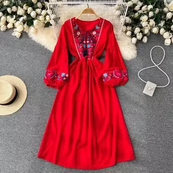 RUGOD Этнический стиль ретро вышитое платье женское средней длины с талией тонкие рукава-фонарики литературное нежное платье трапециевидной формы One Size красный