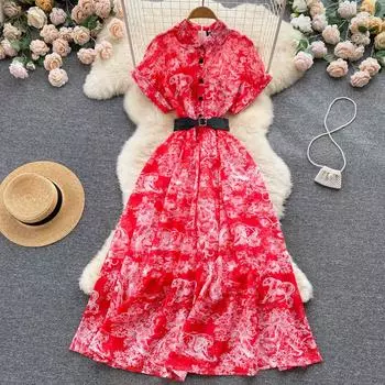 RUGOD Этнический стиль с высокой талией и тонким платьем с короткими рукавами, летнее женское шикарное потрясающее платье средней длины во французском стиле M жёлтый