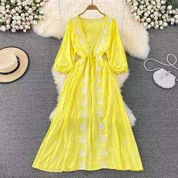 RUGOD Этнический стиль темперамент Мори с v-образным вырезом и пышными рукавами платье трапециевидной формы с вышивкой для морского отдыха большое распашное платье