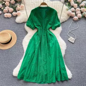 RUGOD Южнокорейское летнее модное полое жаккардовое платье с v-образным вырезом, темпераментное тонкое платье, женское пляжное праздничное большое платье One Size синий