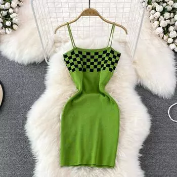 RUGOD клетчатое платье со вкусом Гонконга, лето 2022, сексуальное тонкое трикотажное платье без рукавов с коротким рюкзаком и бедрами