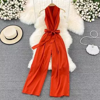 RUGOD комбинезон без рукавов с v-образным вырезом на талии и тонким комбинезоном на шнуровке, модный комбинезон с высокой талией и широкими штанинами, летний комбинезон