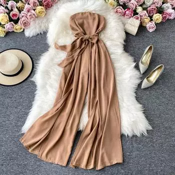 RUGOD комбинезон без рукавов, женский комбинезон с тонкой высокой талией, сексуальные темпераментные черные модные широкие брюки с кружевными разрезами