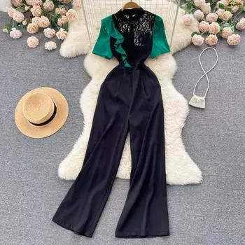 RUGOD Комбинезон Лето Богиня Вентилятор Ретро Cheongsam Дизайн воротника Чувство листа лотоса Кружевная строчка Узкие широкие брюки Длинные брюки