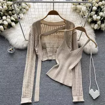 RUGOD комплект из двух предметов, женский осенний полый вязаный кардиган с длинными рукавами, пальто, короткая маленькая кофточка