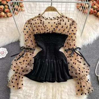 RUGOD корейская бархатная рубашка в горошек с рукавами-фонариками и v-образным вырезом, женская новая стильная темпераментная тонкая универсальная рубашка с рюшами по краям