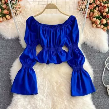 RUGOD Корейская повседневная женская блузка однотонная с квадратным воротником с расклешенными рукавами плиссированная блузка женская универсальная короткая туника Fashion Tide