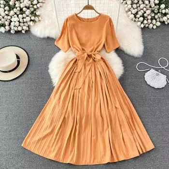 RUGOD Корейская версия с круглым вырезом и пышными рукавами, со свободной талией и тонким плиссированным платьем трапециевидной формы, элегантное темпераментное большое свободное платье