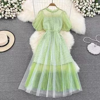 RUGOD Корейское модное платье зеленого цвета с высокой талией в горошек, сетчатое платье из двух предметов, элегантное женское платье феи для женщин