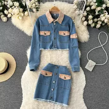 RUGOD костюм-двойка контрастного цвета, женское осеннее джинсовое короткое пальто, сумка с высокой талией, юбка на бедрах