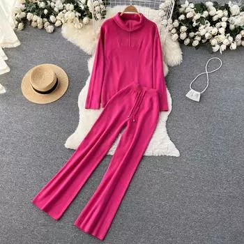 RUGOD костюм-двойка, женская осенняя полуводолазка, футболка с длинными рукавами, верх, свободные широкие брюки с высокой талией One Size