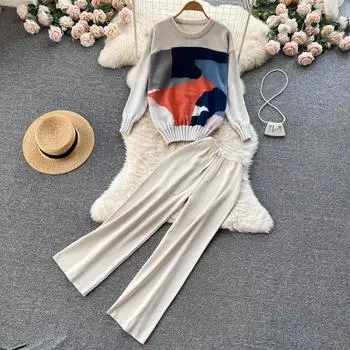 RUGOD костюм-двойка, женский осенний свитер контрастного цвета с длинными рукавами, топ с высокой талией, свободные широкие укороченные брюки