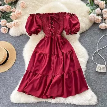 RUGOD кружевное французское платье на одно плечо женское летнее милое платье с короткими рукавами и тонким пышным платьем с высокой талией