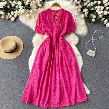 RUGOD кружевное модное платье средней длины с v-образным вырезом и полыми рукавами и пузырьковыми рукавами, летнее женское платье