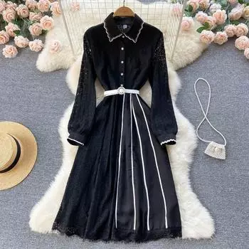 RUGOD кружевное платье с французским поясом, тонкое платье с кукольным вырезом средних и длинных рукавов, женское весеннее легкое ветровое платье для зрелых