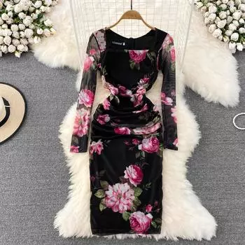 RUGOD квадратный вырез с пышными рукавами, сетчатая плиссированная эластичная поясная сумка, длинное платье на бедрах, тонкое подиумное платье с принтом, осень