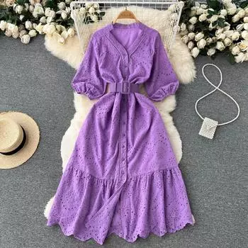 RUGOD Lazy Wind Свободное платье с пышными рукавами, летнее женское платье-рубашка с небольшой талией и v-образным вырезом One Size фиолетовый