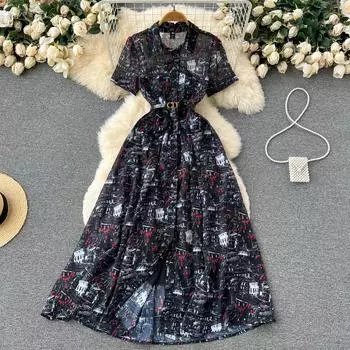 RUGOD легкая рубашка с принтом, длинное платье, новое летнее платье с кружевной талией, тонкое темпераментное большое свободное платье, женское S чёрный