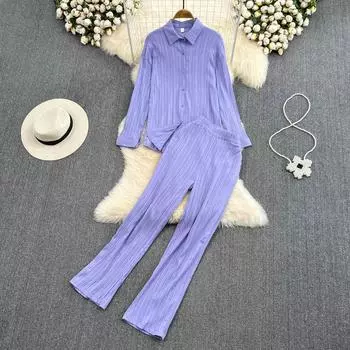 RUGOD Легкая свободная однобортная рубашка в знакомом стиле с длинными рукавами, повседневные плиссированные прямые брюки из двух частей с высокой талией