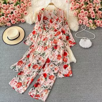 RUGOD Легкий костюм в знакомом стиле, женский шифоновый кардиган средней длины с цветочным принтом, комплект из трех предметов, топ-труба, короткий топ с высокой талией, широкие брюки One Size