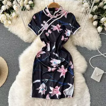 RUGOD Легкий знакомый ретро-принт с улучшенным Cheongsam на пуговицах в виде диска с воротником-стойкой, облегающий крой и тонкая сексуальная сумка с разрезом, хип-платье