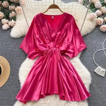 RUGOD Легкий зрелый стиль с v-образным вырезом и складками на талии, утягивающий дизайн, нерегулярный атласный топ, женский летний топ One Size зелёный