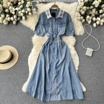 RUGOD Легкое джинсовое платье в знакомом стиле с лацканами из бисера и разрезом, модное платье средней длины в западном стиле