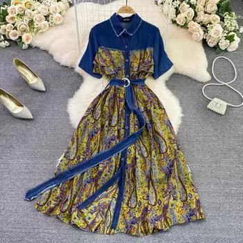 RUGOD Легкое и знакомое темпераментное платье-поло с воротником-поло, джинсовая строчка, шифоновая талия, утягивающее однобортное платье трапециевидной формы, большое свободное платье M синий