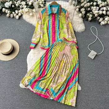 RUGOD Легкое и зрелое женское высококачественное платье с длинными рукавами и воротником-стойкой, дизайнерское платье с нишевым принтом, юбка трапециевидной формы со шнуровкой на талии M