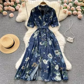 RUGOD Легкое однобортное джинсовое платье с лацканами и принтом для зрелых женщин, длинное платье с высокой талией и ремнем на талии M синий