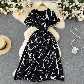 RUGOD легкое платье в знакомом стиле с талией и тонким v-образным вырезом, летнее женское длинное платье трапециевидной формы с пышными рукавами в стиле ретро S чёрный