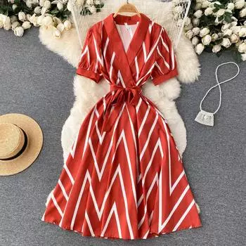 RUGOD Легкое платье знакомого стиля с талией и тонким принтом с v-образным вырезом, летнее женское французское платье миди с короткими рукавами One Size красный