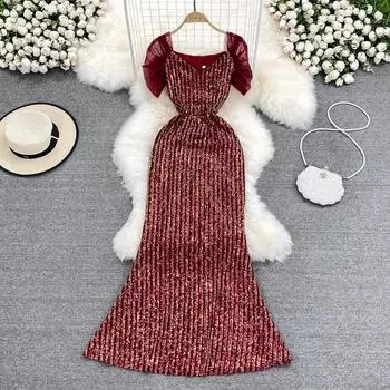 RUGOD, легкое, роскошное, темпераментное, женственное, модное, блестящее, с v-образным вырезом, с изображением фигуры, длинное платье с ягодицами, рыбий хвост, с коротким рукавом