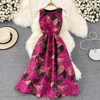 RUGOD, легкое жаккардовое платье-жилет в зрелом стиле с круглым вырезом, элегантное темпераментное платье без рукавов с высокой талией, большое свободное платье трапециевидной формы, летнее