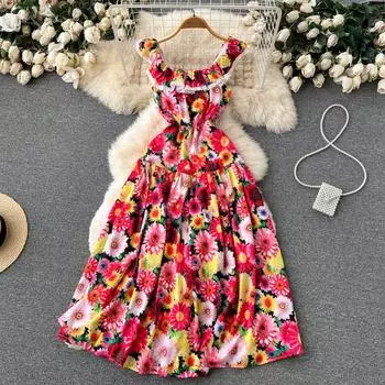 RUGOD Легкое женское кружевное платье с оборками и цветочным принтом на подтяжках для взрослых, женское тонкое длинное платье с высокой талией