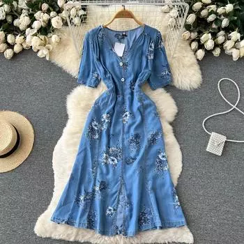 RUGOD легкое знакомое джинсовое платье во французском стиле с v-образным вырезом и принтом женское летнее тонкое элегантное длинное платье с талией «рыбий хвост» M синий