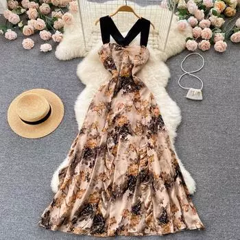 RUGOD Легкое знакомое платье с цветочным принтом во французском темпераменте, женское высококачественное длинное платье трапециевидной формы с чувством талии и большим свободным силуэтом S хаки