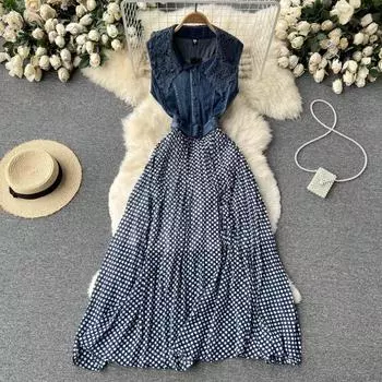 RUGOD, легкое знакомое стильное кукольное платье с высокой талией и тонкое женское джинсовое платье в горошек, длинное платье без рукавов